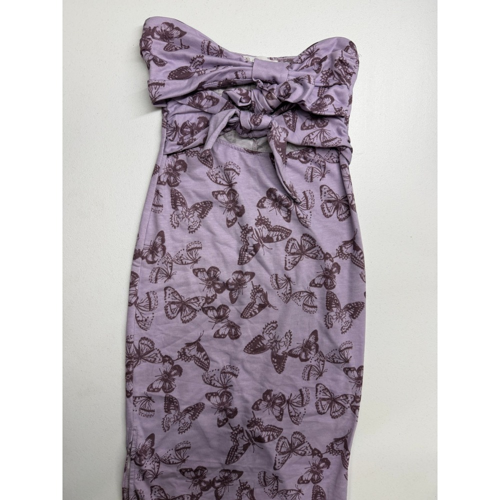FSL Apparel Butterfly Print Strapless Midi Dress Purple Knot Front Cutout Sz M